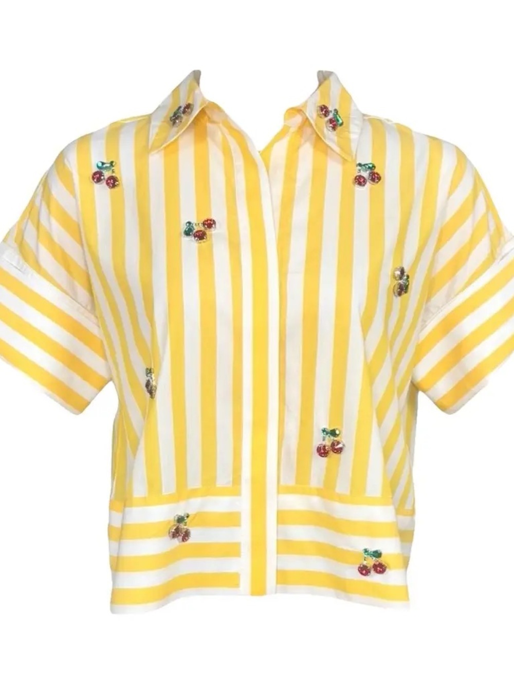 Christian Lacroix Yellow Striped Short Sleeve Shirt with Cherry Embellishments
